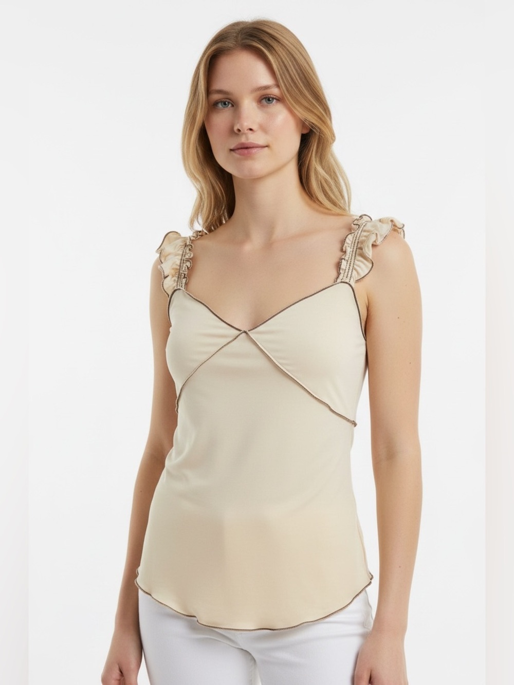Max Studio Grecian Ivory Ruffled Strap Tank Medium